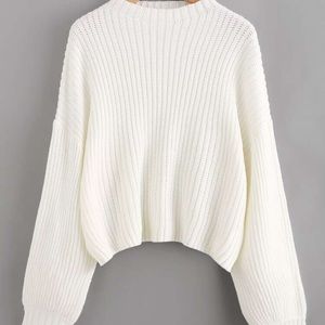 Drop Shoulder Balloon Sleeve White Knit Sweater